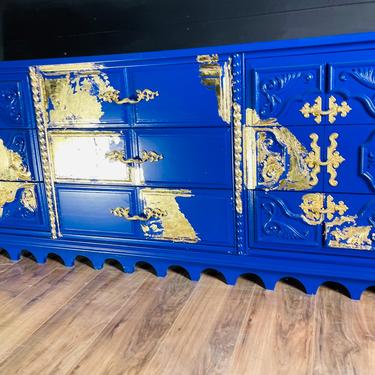 Stunning Royal Blue with Gold Leaf Dresser Console Credenza solid wood 