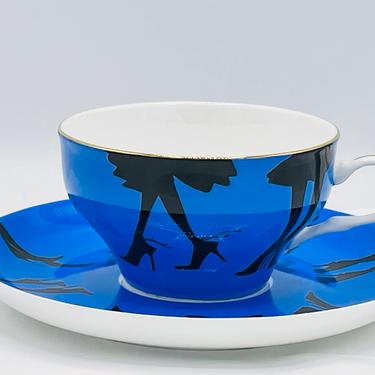 Blue Tea Cup Saucer Black Heels Porcelain Set Signed R Toledo Nordstrom- Great Condition 