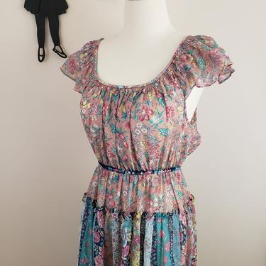 Vintage 1970's Maxi Dress / 70s Floral Fruit Stripe Dress S 