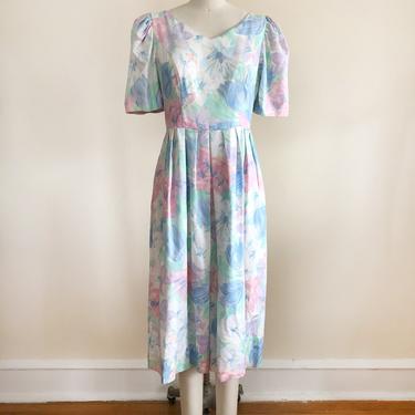 Pastel Watercolor Floral Print Midi-Dress by Lanz - 1980s 