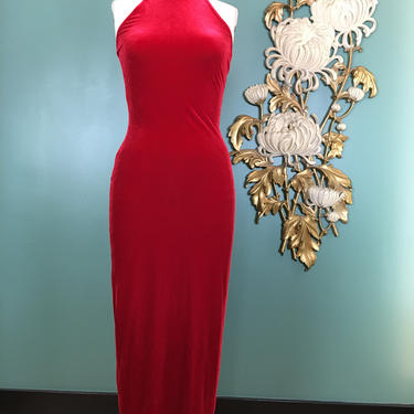 red velvet halter dress Red Velvet Vampirella Gown with Black Beading (8) – The Thrifty Hippy main image 1