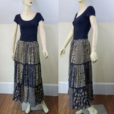Vintage 90s cotton gauze ankle length broomstick skirt, free size adjustable waist long skirt semi sheer patchwork, one size fits many XL 