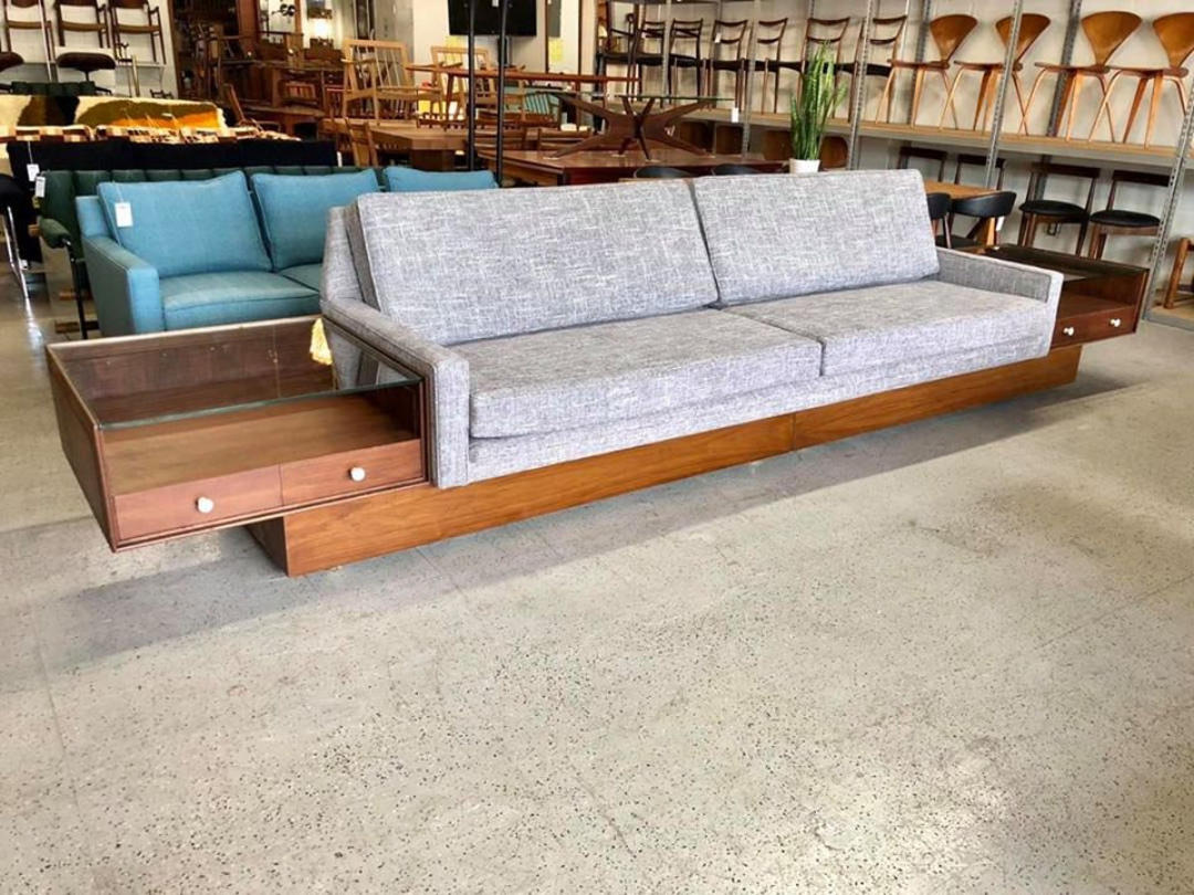 mid century modern restored 14 foot platform sofa with built in