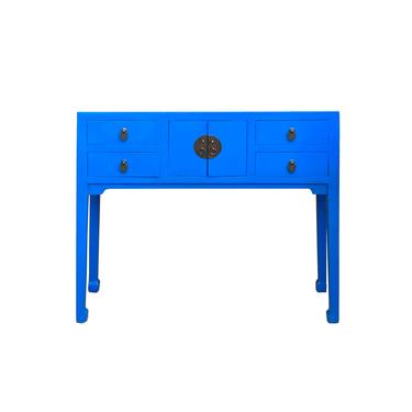 Chinese Oriental Bright Blue Lacquer Drawers Slim Foyer Side Table cs7189E 