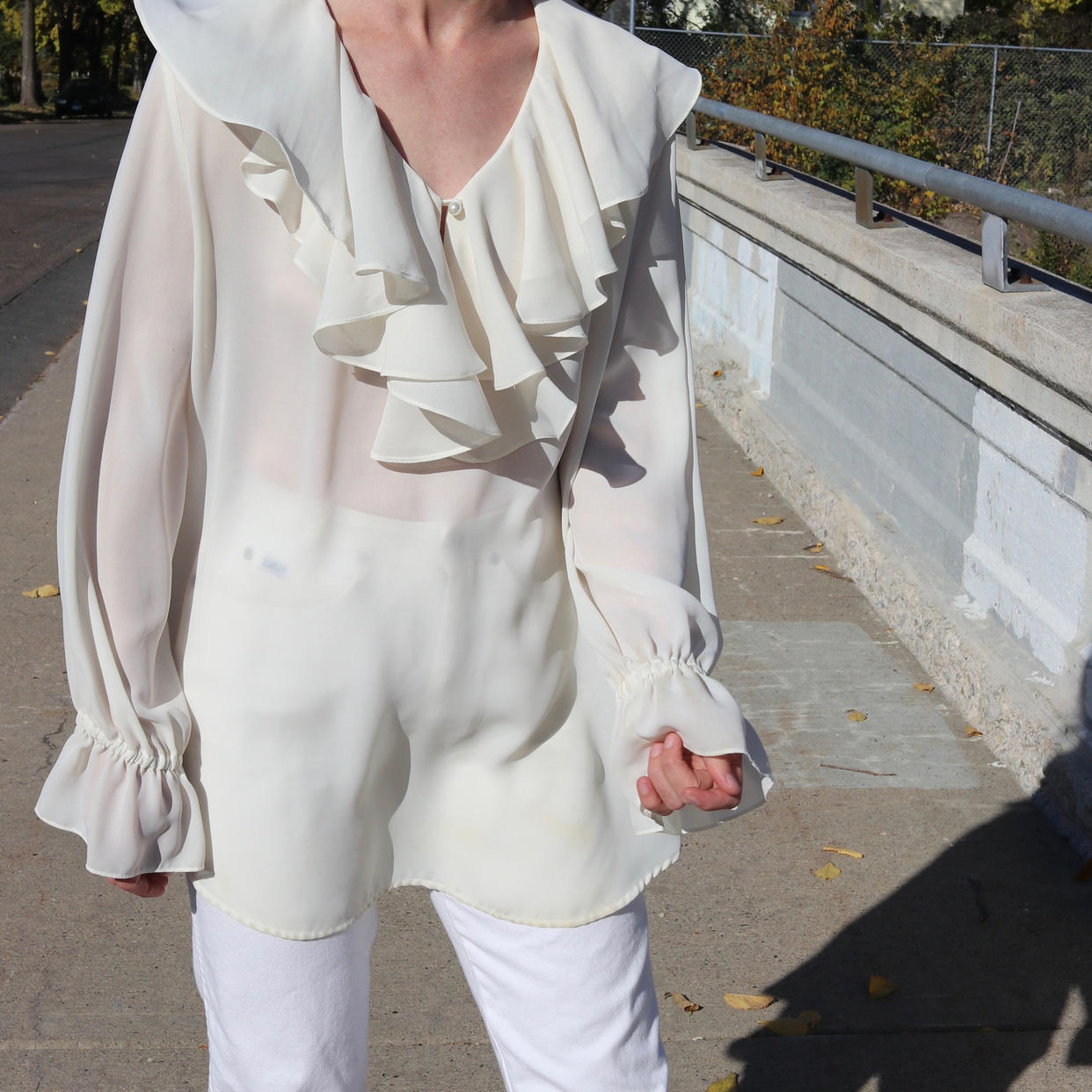 Vintage Ruffle Neck Shirt / Sheer Cream Blouse / 90