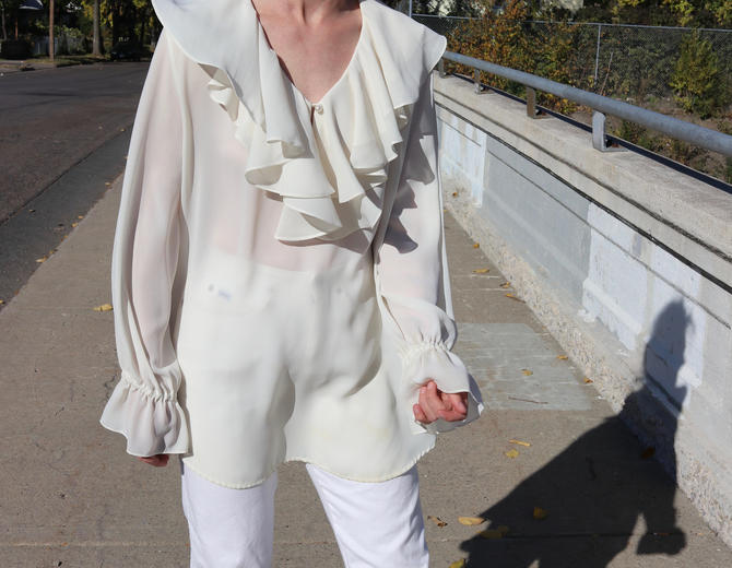 Vintage Ruffle Neck Shirt / Sheer Cream Blouse / 90's Femme