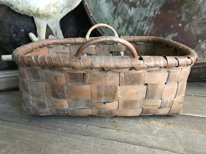 Antique Splint Wood Basket, Large Gathering Bent Wooden Storage, Rectangle  Picnic Basket Handle, Primitive Farmhouse Living Room Storage 