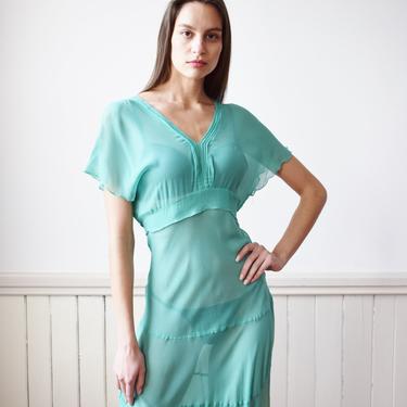 1930s Sheer Minty Green Silk Dress | XS-M  | Vintage 30s Bias Cut Slip / Lingerie Dress with Tie Waist and Flutter Sleeves 