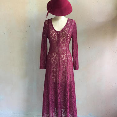 Vintage 80s Dark Cranberry Red Lace Dress w/ Corset Style Lace-up Back 