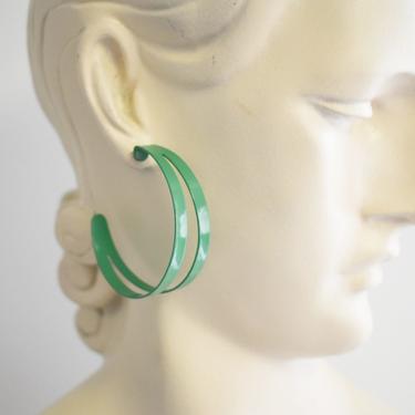 1980s Green Painted Metal Double Hoop Pierced Earrings 