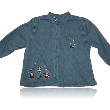 Penguin Christmas Denim Shirt // Button Down Christmas Top Party Holiday Sweater //CJ Banks // Size 2X 