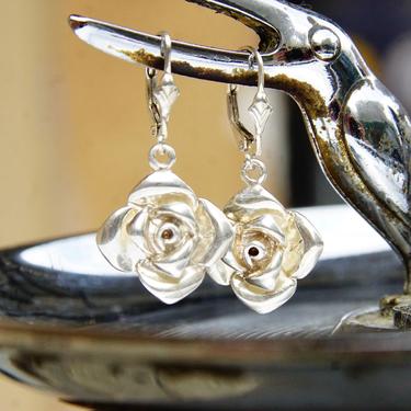 Vintage Sterling Silver Rose Dangle Earrings, Minimalist Silver Flower Earrings, Hinge Back Earrings, 925 Jewelry, 1 3/8” L 