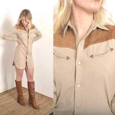 Vintage 1990s Dress / 90s Ralph Lauren Western Style Snap Front Dress / Tan Brown ( small S ) 