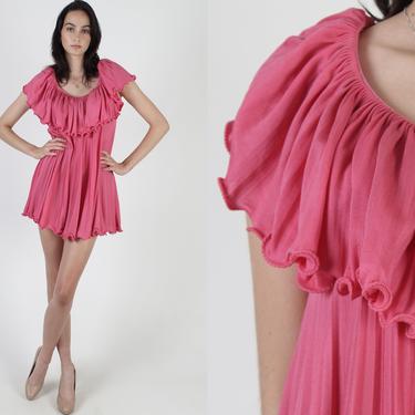 Vintage 70s Bright Pink Mod Dress / Disco Dance Ruffle Pleated  Dress / 1970s Cocktail Lounge Singer Micro Mini Dress 