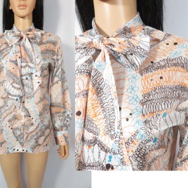 Vintage 70s Squiggle Doodle Telephone Cord Print Pussy Bow Blouse Size M/L 
