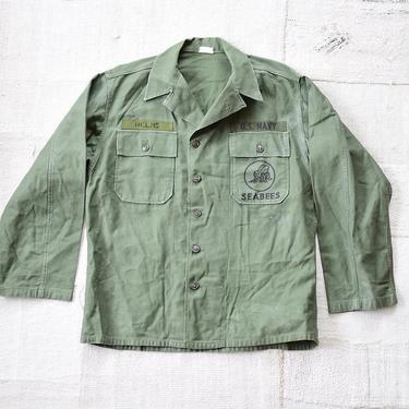 Vintage 70s Seabees Faded Green Cotton Sateen OG 107 Shirt Jacket | M L | 