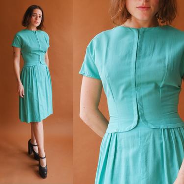 Vintage 50s Teal Silk Cotton Dress/ 1950s Fit and Flare Dress/ Size XS Small 25 