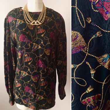 Vintage Silk Blouse, Top, Jewel Tones, Embossed Silk, Tassel Print, Vintage 80s 