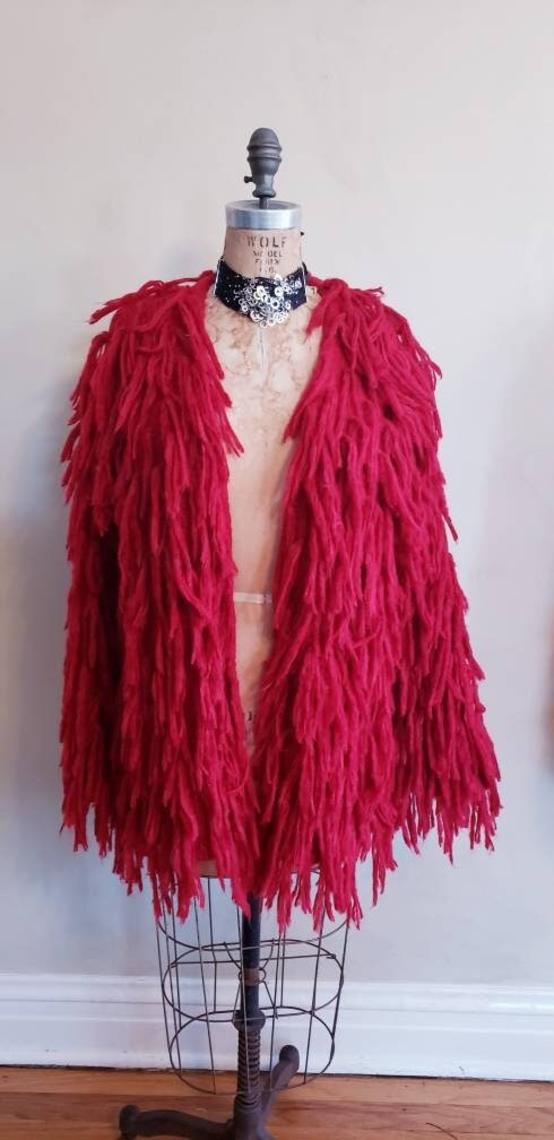 Vintage Red Shaggy Knit Jacket Evolution by Kimbali Textured Maximalist RareJule Vintage Chicago IL