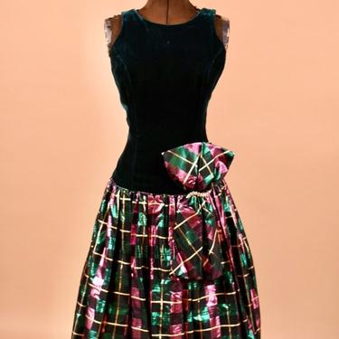 Green Velvet &amp; Plaid 80s Party Dress By Ricky Lang for Nuit, XS/S