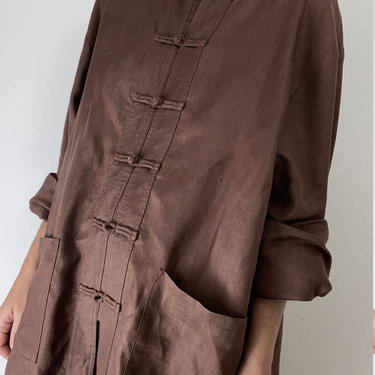 vintage chocolate linen cheongsam button chore blouse 