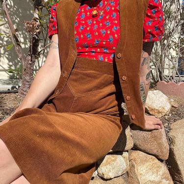 1970s chocolate brown corduroy matching skirt and vest set by Tomboy of California 