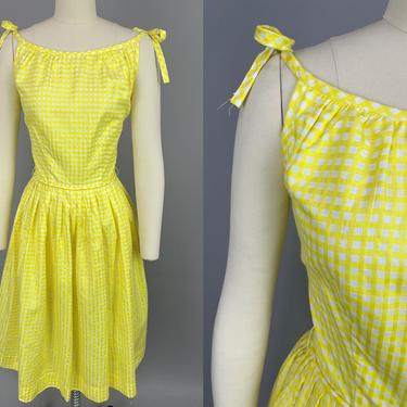 1950s NOS Sundress | Vintage 50s Yellow & White Windowpane Pattern Dress with Tie Straps and Full Skirt | small 
