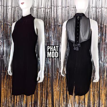 Precious Vintage 90s Black Velvet Mini Dress with Sheer Back &amp; Bows 