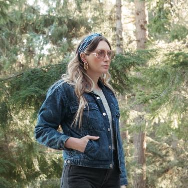 Vintage 80's Denim Jacket | Dark Acid Wash Women's Oversized Denim Jacket | Plaid Lined Grunge Trucker Blue Jean Jacket 