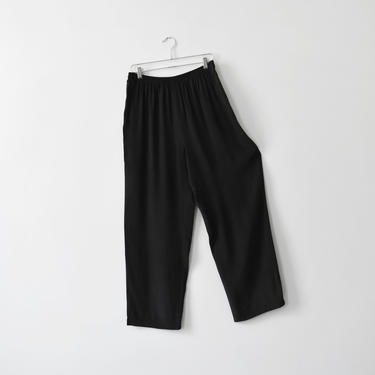 vintage black silk easy pants, high waisted pull on trousers, size L / XL 