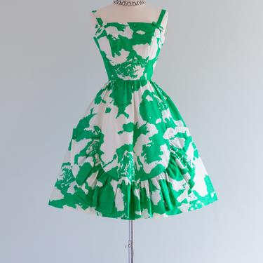 Spring Fling Early 1960's Green and White Party Dress / SMALL