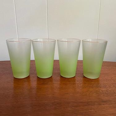 Set of 4- Vintage Mid Century Federal Glass, Blendo Frosted Tumblers, Green 