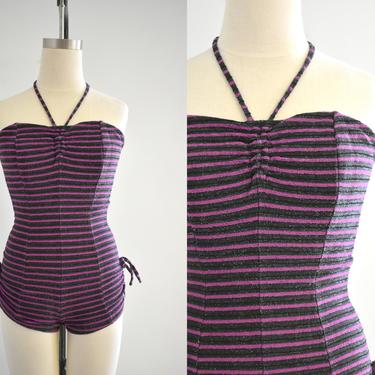 1950s Jantzen Pink and Black Lurex Striped Ruched Swimsuit 