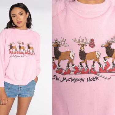 Ski Jackson Hole Sweatshirt -- Mountain Sweatshirt 80s Wyoming Deer Graphic Sweater Skiing Raglan Sleeve Vintage Baby Pink Large L 