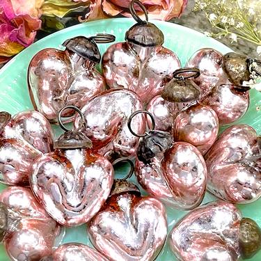 VINTAGE: 5pcs - Small Thick Mercury Glass Heart Ornaments - Mid Weight Kugel Style Ornaments - Pink Heart Pendants 