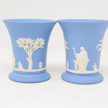 Pair of Vintage Wedgewood Jasperware Blue and White Classic Vases 