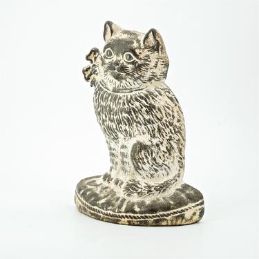 Antique Cast Iron Cat with Bow Bookend Doorstop Vintage Victorian Early 20th Century Kitty Sculpture Early Hubley 