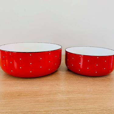 Mid Century Modern Red and White Enamel Nesting Bowls - Set of 2 