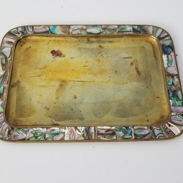Vintage Brass and Abalone Tray , Mexican Taxco . 