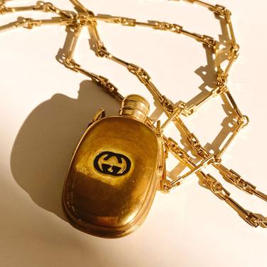 Vintage 90's GUCCI GG Monogram Gold Black Perfume Parfum Bottle Gold Charm Pendant Necklace Jewelry 
