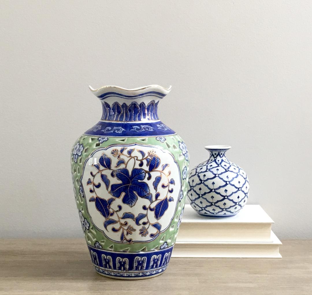 Chinoiserie Vase Blue Green White Reticulated Porcelain Chinese