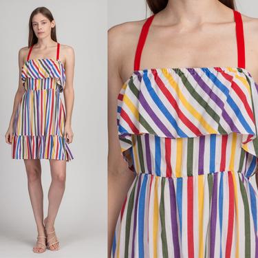 70s Rainbow Striped Sundress - Small | Vintage Boho Criss Cross Spaghetti Strap Ruffle Tiered Mini Dress 