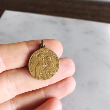 Vintage St. Anthony of Padua / Guardian Angel Brass Medal Pendant 