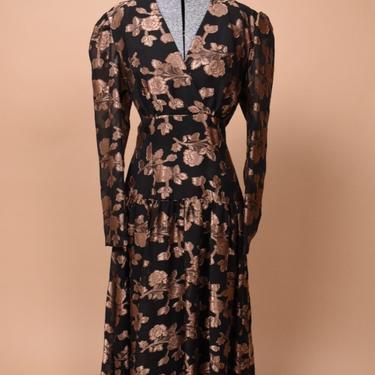 80s Black &amp; Bronze Empire Waist Midi Dress By Samantha Black, M