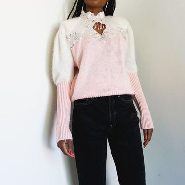 1980s Pale Pink Puff Sleeve Angora &amp; Knit Sweater with Sequined Built in Keyhole Choker Mutton Sleeve S M 