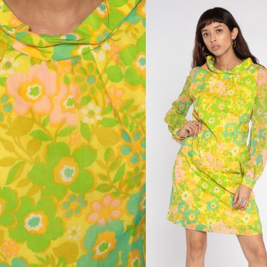 60s Mod Dress Floral Print Yellow Floral Mini Shift Dress 1960s Sheer Long Sleeve Hippie Vintage Neon Green Boho Minidress 1970s Small S 