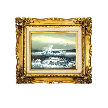 Signed Ocean Artwork | Original Seascape Framed Oil on Wood Painting | Coastal Landscape Artwork | Gold Ornate Frame 