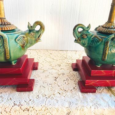 RARE Pair of Vintage Frederick Cooper Bamboo Stem Lamps with Green Ceramic Elephant Beaded Shades Buffet Lamp  Excellent Condition 