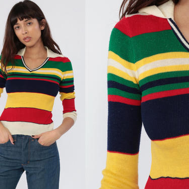 Primary Color Sweater 70s Knit STRIPED Sweater V Neck Knit Shop Exile Tucson AZ