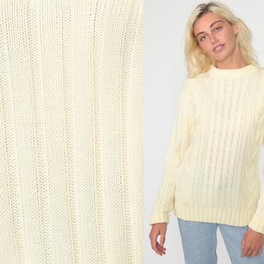 Cable Knit Sweater 80s Slouchy Cream Fisherman Sweater Knit Hipster Boho Pullover Cableknit 1980s Jumper Vintage Small Medium 
